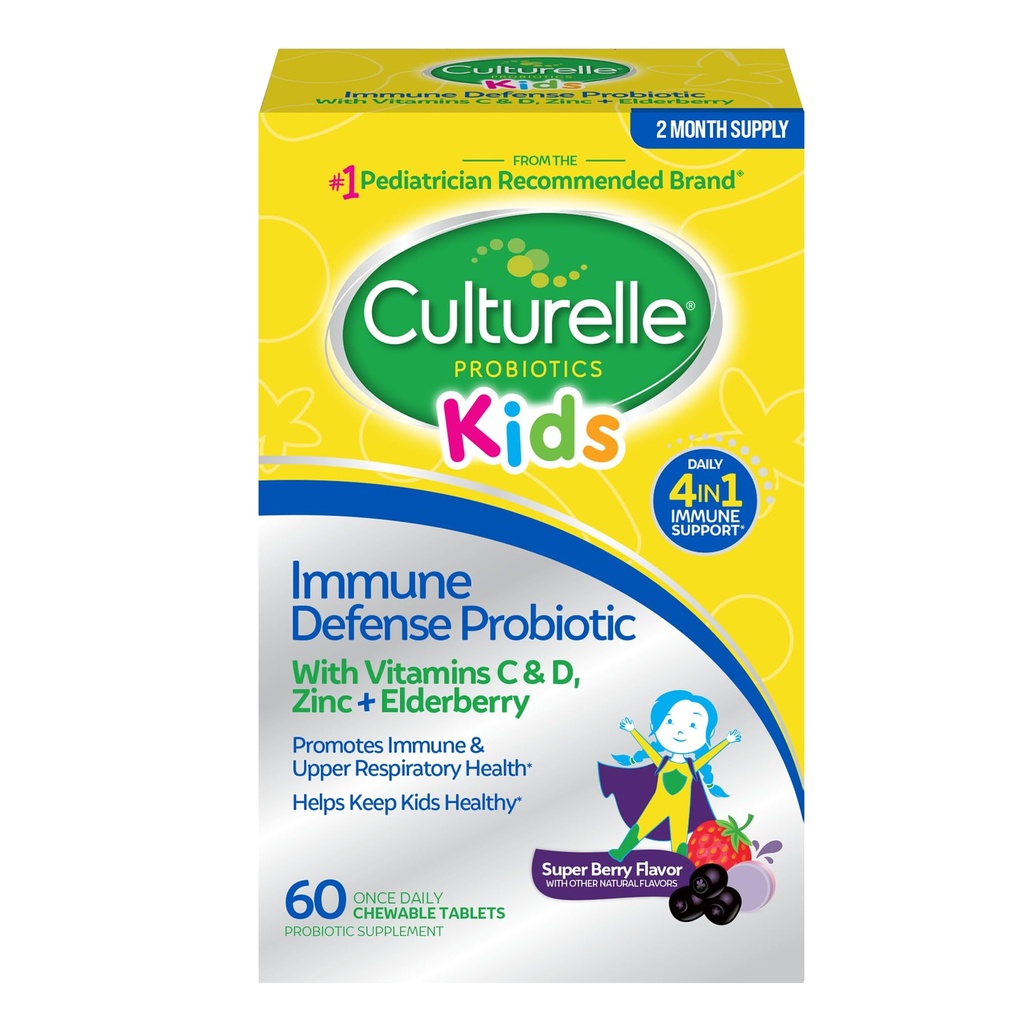 Culturelle Immune Defense Probiotique avec vitamine C, vitamine D et zinc + sureau, non-OGM, 4-en-1 Immune Support pour les enfants de 3 ans et plus*, mélange de baies à croquer, 60 comtes