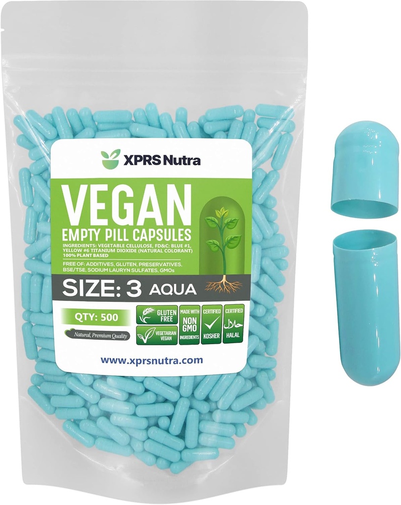 XPRS Nutra Größe 3 Leere Kapseln - 500 Zähler leere vegane Pillen - Vegetarische Pille - DIY Gemüse Kapsel Füllung- Veggie Pillen Caps (Aqua)
