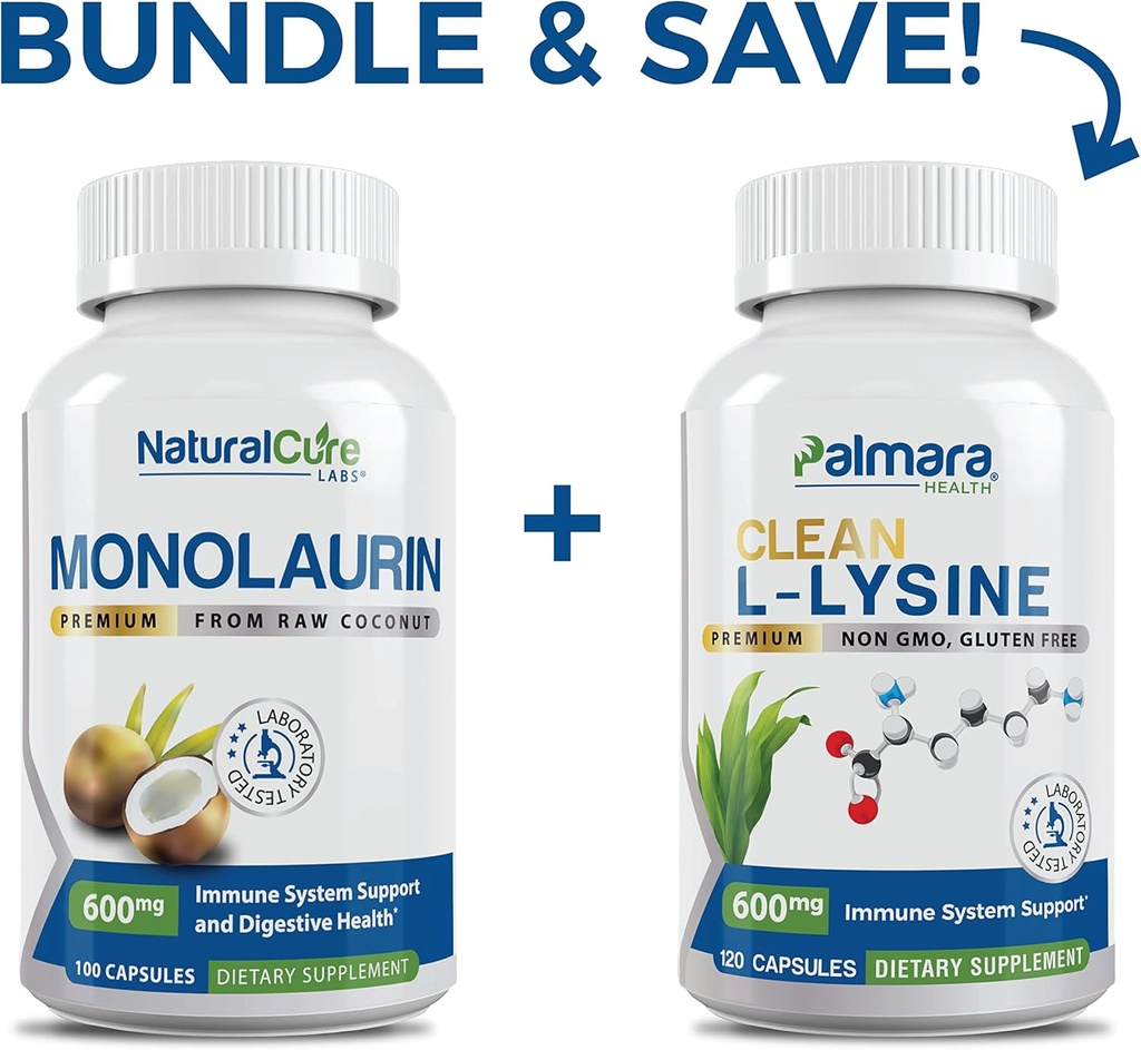 Ensemble de laboratoires de guérison naturels: Premium Monolaurin 600mg + L-Lysine propre 600mg