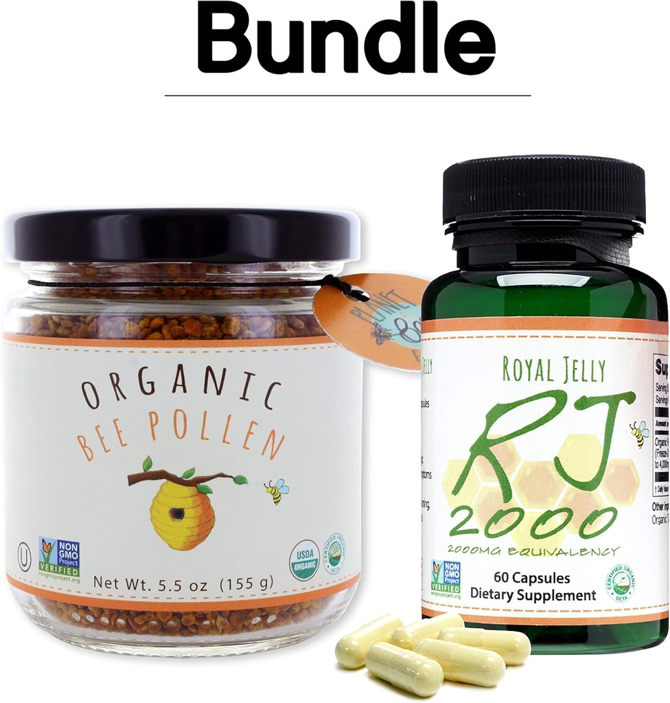 Greenbow Organic Bee Pollen - 100% USDA Certified Organic, Pure, Natural Bee Pollen - Superfood verpackt mit Proteinen, Vitaminen & Minerals - 155g Royal Jelly 2000mg 60 caps
