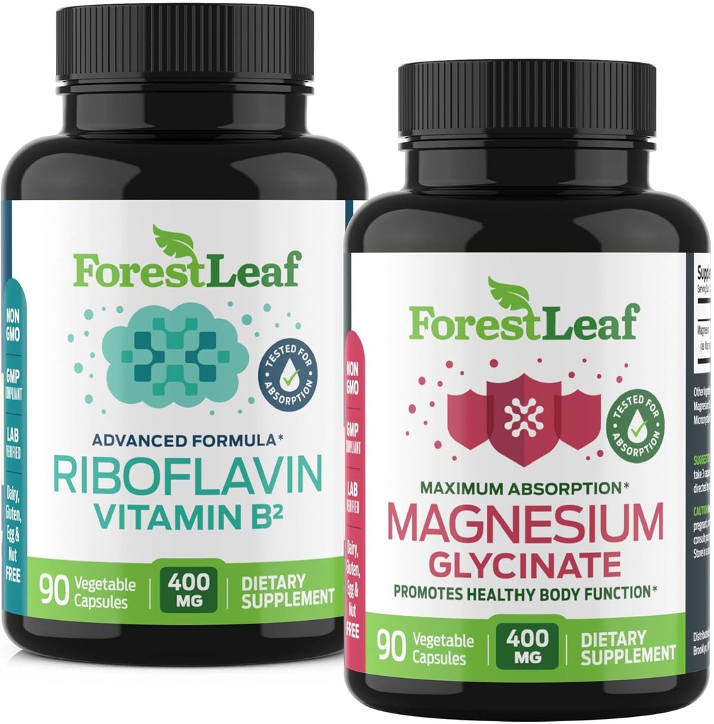 ForestLeaf Riboflavin & Magnesium Migraine Supplement - Riboflavin 400mg for Headache Relief - Ultimate Magnesium Glycinate Bundle with B2 Vitamin 400mg for Headache Migraine Relief Capsules