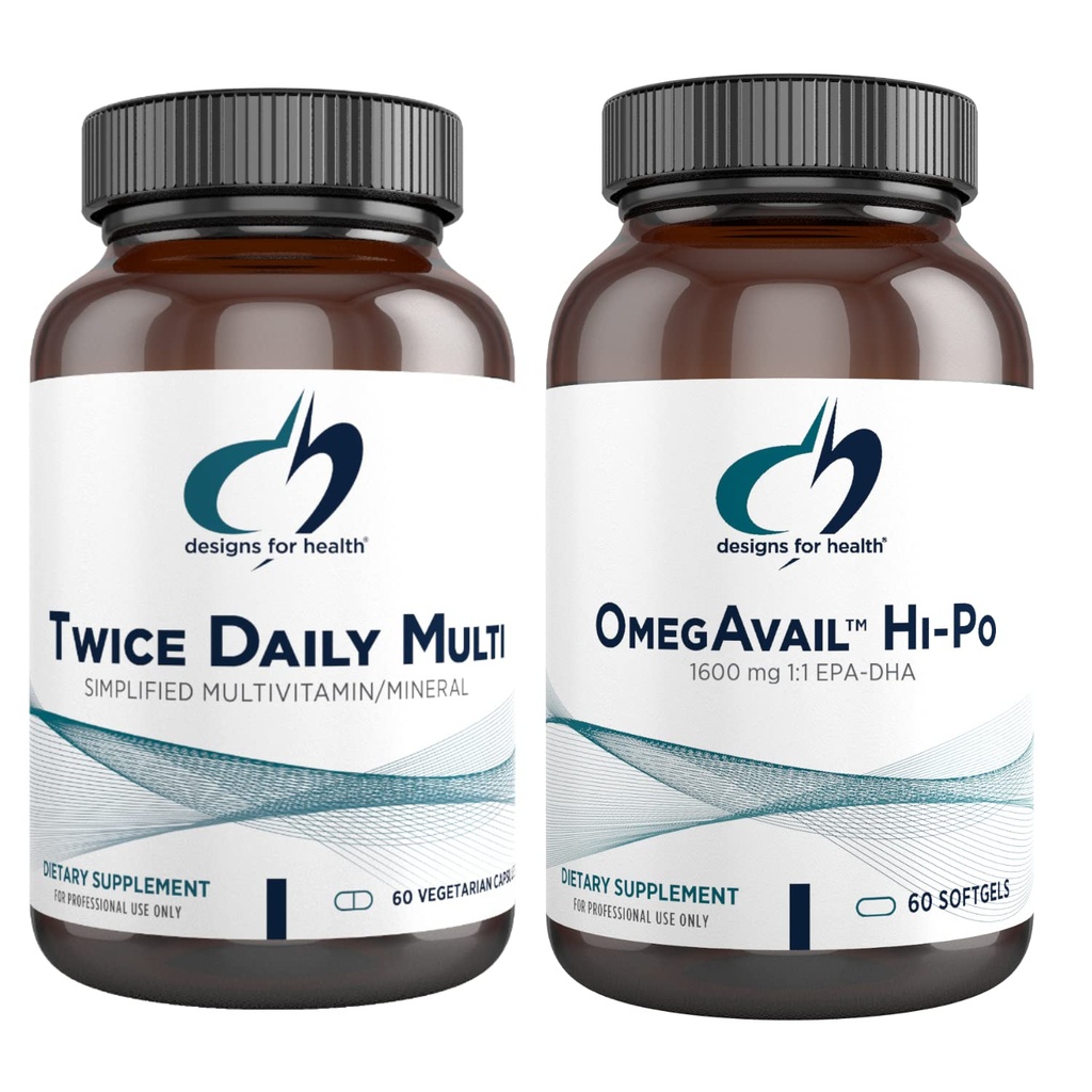 Designs für Gesundheit Fischöl + Multivitamin Bundle - OmegAvail Hi-Po (60 Softgels) EPA DHA TG Omega-3 mit zweimal täglich Multi (60 Kapseln) Premium Multivitamin/Mineral mit aktiven B Vitaminen