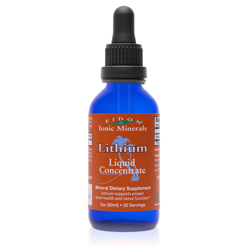 Minéraux ioniques d'Eidon Lithium liquide - Supplément Chlorure de lithium, Minéraux gouttes pour l'eau, Promouvoir la santé du cerveau, soutenir la cognition, aider dans le transport de la vitamine B12 et du folate, 2 oz.