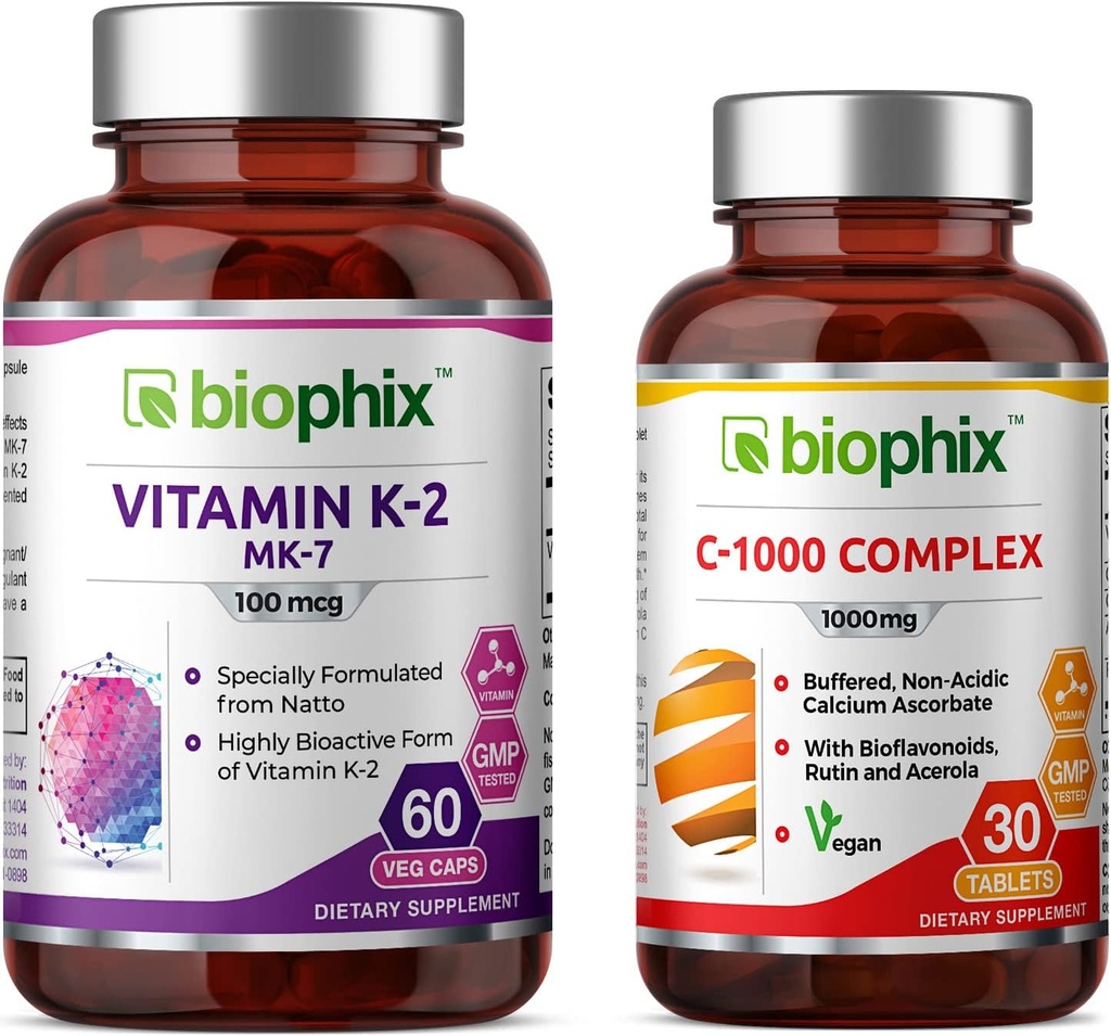 Biophix Vitamin K2 MK-7-100 mcg 60 - Kostenlose Vitamin C-1000 30 Tabletten - Unterstützt starke Knochen Immungesundheit