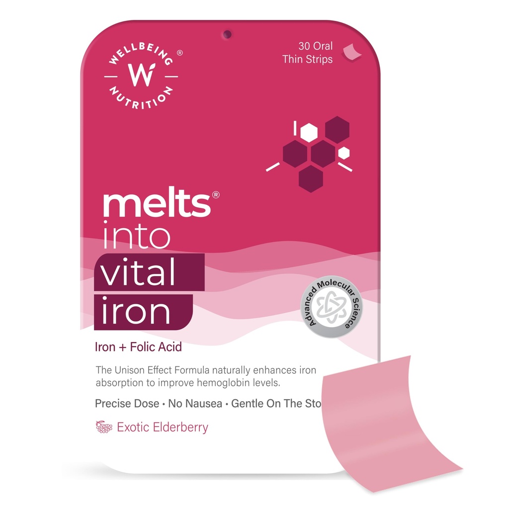 WELLBEING NUTRITION Melts Nano Iron | Plant Based Iron, Beetroot, Swiss Chard, Pumpkin Seeds, Vitamin C und Folate for Improved Hemoglobin, Oxygen Binding Capacity & Blood Building (30 Oral Strips)