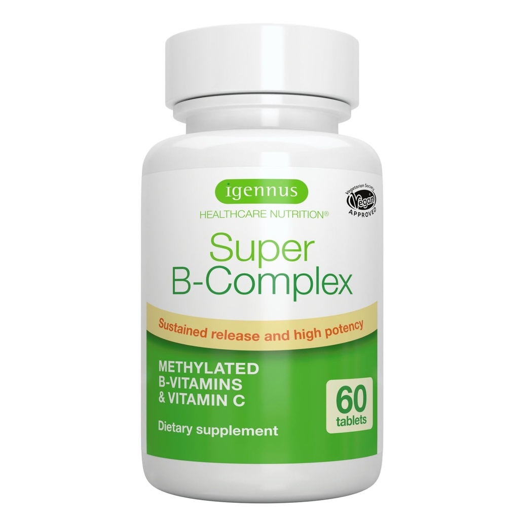 Igennus Super B-Complex Méthylated B Vitamines - Libération durable, étiquetage propre et absorption élevée, avec 5-MTHF Folate et Méthyl B12, Énergie, Mood & Performance cognitive, Vérifié en laboratoire, 60 petits comprimés