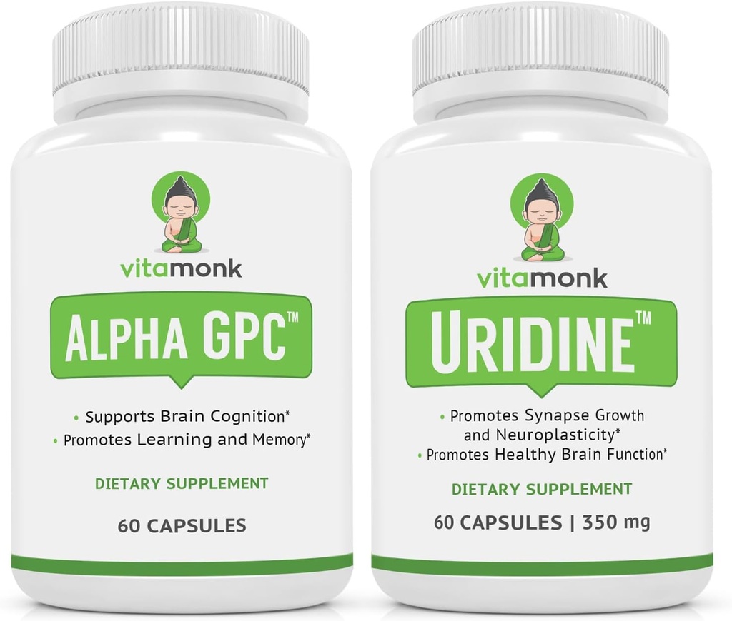 VitaMonk Alpha GPC and Uridine Stack - Mr Happy Stack - Uridine Monophosphate with No Artificial Fillers - Bioavailable Choline Supplements Promote Cognition, Focus, Mental Clarity