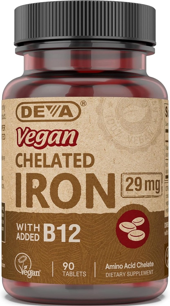 DEVA Vegan Chelateisen mit Zusatz Vitamin B-12, Nahrungsergänzung, 29 mg, 90 Count