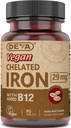 DEVA Vegan Chelateisen mit Zusatz Vitamin B-12, Nahrungsergänzung, 29 mg, 90 Count