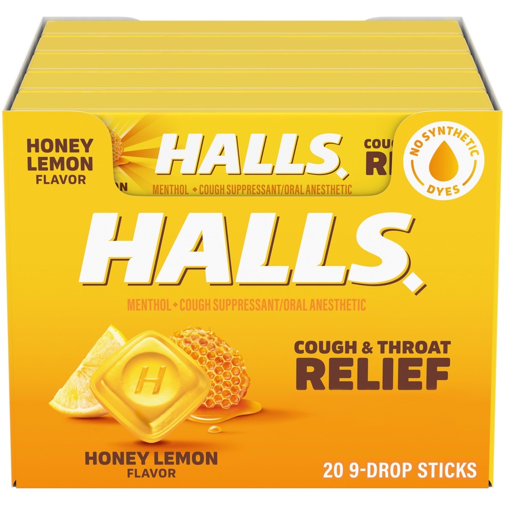 HALLS Cough und Throat Relief Honig Zitronen Cough Drops, 20 Sticks von 9 (180 Total Drops)