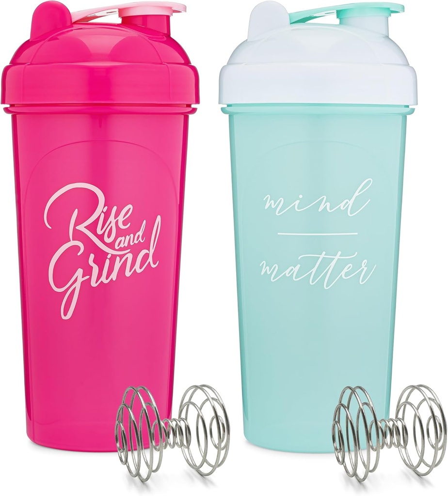 [2 Pack] 28-Ounce Shaker Bottle mit Motivationsnotizen (Pink & Mint/White) | Shaker Cup Set mit Mixer Agitators | Blender Shaker Bottle für Protein Mixes Pack ist BPA Free und Spülmaschine Safe