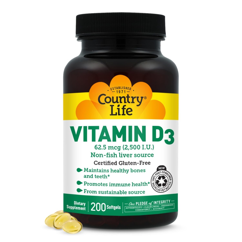 Country Life Vitamin D3 2500 IU – Non-Fish abgeleitet, High Potency Vitamin D3 für Knochenstärke, Immununterstützung und Calciumabsorption – Certified Gluten-Free, 200 Softgels