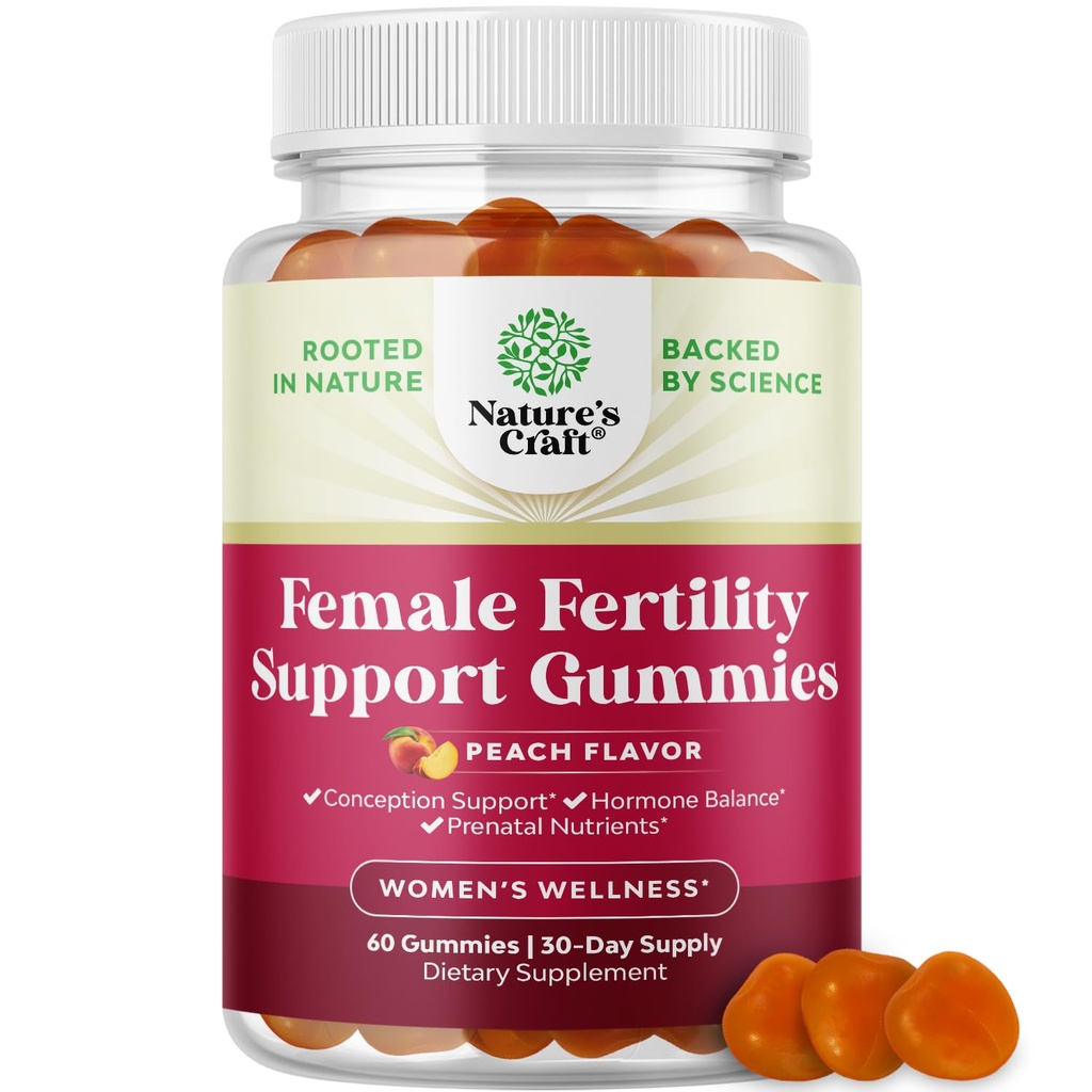 Gummies de fertilité pour les femmes qui essaient de concevoir - Supplément de fertilité pour les femmes avec l'acide folique Myo-Inositol et Vitex Chasteberry - Vegan non-OGM et sans gluten - pêche juteuse (30 portions)