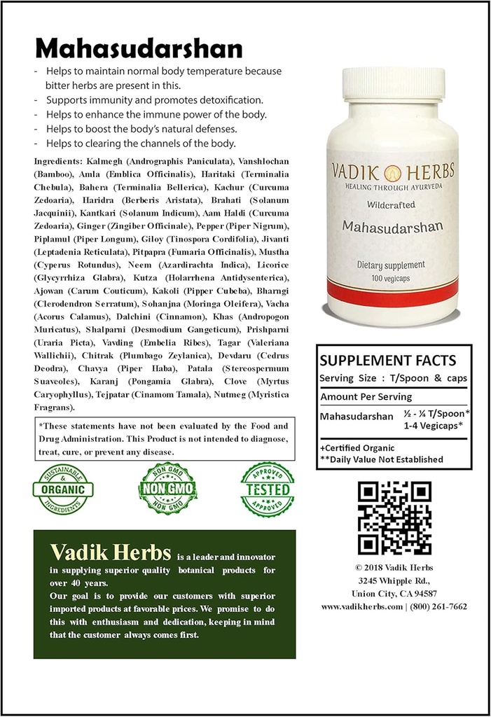 Zertifizierte Bio Vadik Kräuter Mahasudarshan Pulver 1lb. Pack | unterstützt Immunität und fördert Entgiftung, hilft, normale Körpertemperatur zu halten