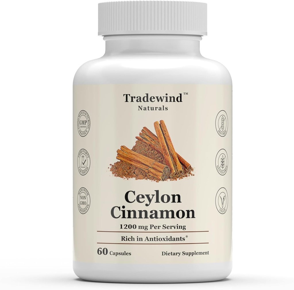 Ceylon Cinnamon 1200mg - Pure Ceylon Cinnamon - Vegan - Non-GMO - Unterstützung Herz und kognitive Gesundheit - Reich an Antioxidantien - 60 pflanzliche Kapseln - Made in USA