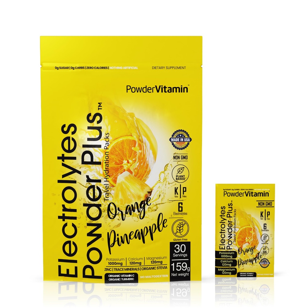 PowderVitamin Elektrolyte Pulver Plus, Keto, Orange Ananas, Zuckerfrei, 1000mg Kalium, 120mg Calcium, 120mg Magnesium, Non-GMO, Zero Calories, 30 Hydration Packets