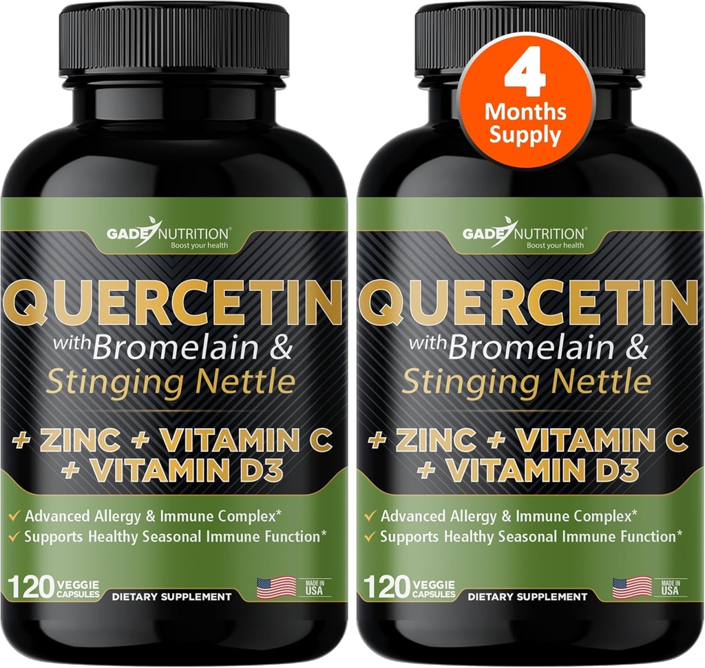 Gade Nutrition Quercetin mit Vitamin C und Zink - Nettle Quercetin - Quercetin 500mg - Quercetin mit Bromelain - Zink Quercetin + Vitamin D3-240 Veggie Caps - Non-GMO - 4 Monate Versorgung