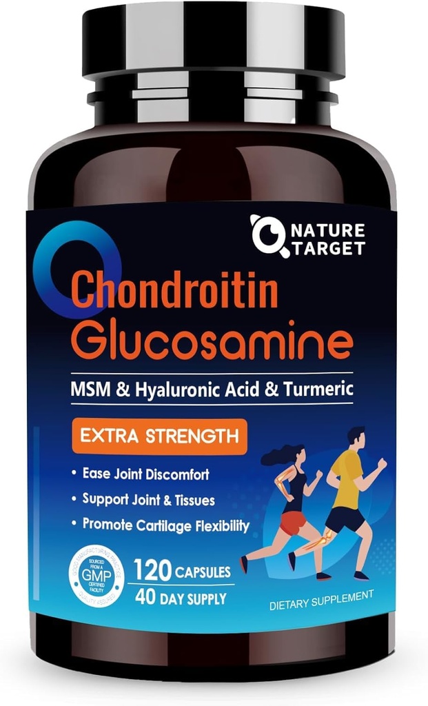 NATURE TARGET Glucosamin Chondroitin MSM, Joint Support Supplement, Shellfish Free, Turmeric Boswellia, Hyaluronsäure, Collagen, Calium für Knorpel und Knochengesundheit,120 Kapseln, 40 Servietten