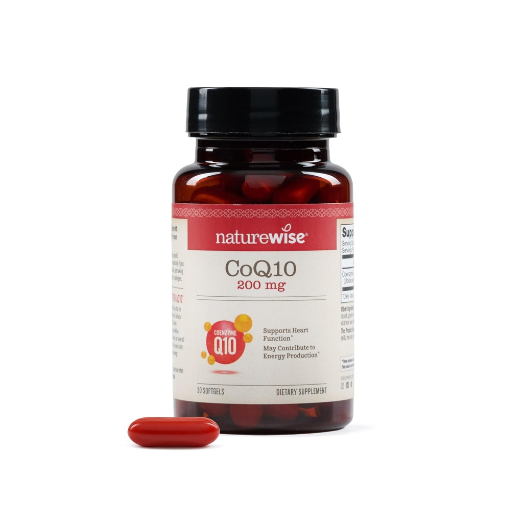 NatureWise CoQ10 200mg Softgels, Ubiquinone haute puissance - Supplément Coenzyme Q10 - Antioxydant pour la santé cardiaque + énergie - Vegan, non-OGM, sans gluten - 30 Compte[1-Mois]