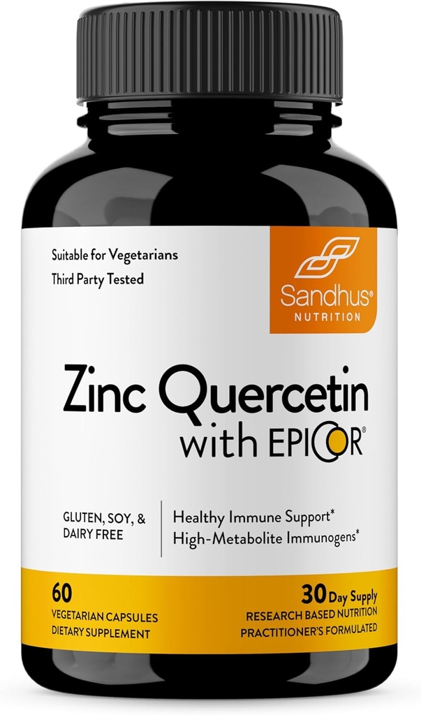 Sandhu's Zink Quercetin mit EpiCor 60 Vegetarische Kapseln - Glutenfreie Zinkergänzung - Hohe Potenz Immununterstützung