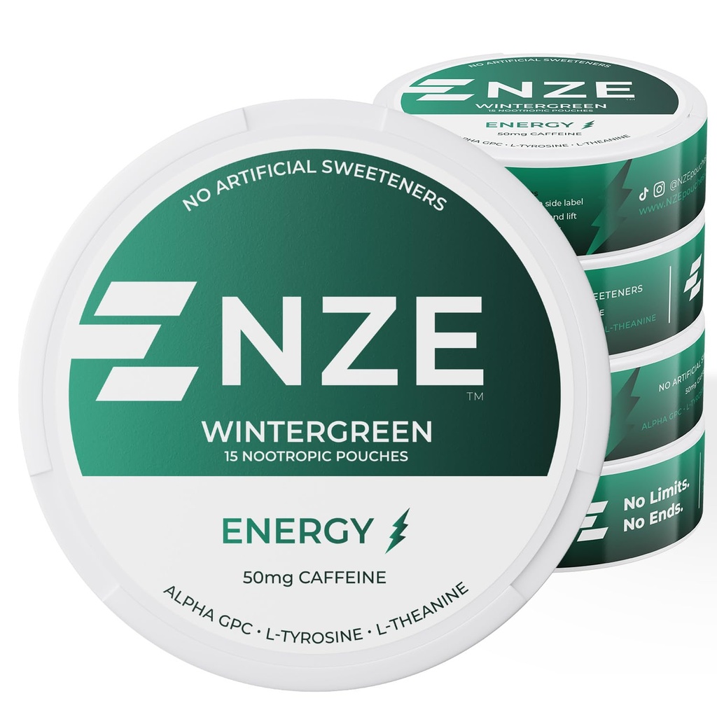 NZE Caffeine Pochettes Nootropiques (Hintergreen) - Pochettes énergétiques avec 50 mg de caféine, Alpha GPC, L-Tyrosine et L-Theanine sans sucre ou édulcorants artificiels - 15 Pochettes par boîte - 5 Pack