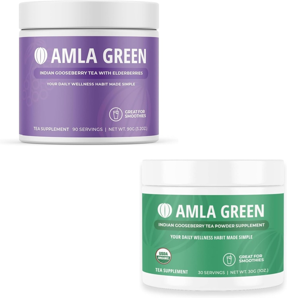 Amla Powder & Green Tea Superfood Supplement, Antioxidans-Unterstützung, Hergestellt mit Elderberries (90 Servierungen) & Indische Stachelbeeren (30 Servierungen), Bio, Vegan