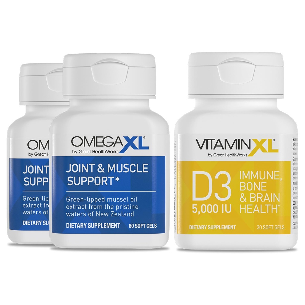 OmegaXL Joint Support Supplement - Natürliche Muskel-/Immununterstützung, 60 Softgels (2 Pack) & VitaminXL D3 High Potency Daily Vitamin D 5000 IU 125mcg Supplement (30 Softgels)