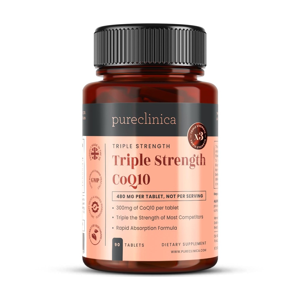 pureclinica Fermented CoQ10 300mg x 90 Tabletten. Nicht GMO, USP Grade. mit Zusatz Vitamin C und Schwarz Pfeffer Extrakt für Absorption.