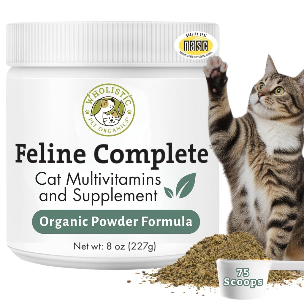 Wholistic Pet Organics Feline Complete - 8 oz - Organic Cat Multivitamin + Probiotic Supplement for Overall Health, Skin & Coat Support - Cat Vitamins for Cats Health - Kitten & Senior - 75 Scoops