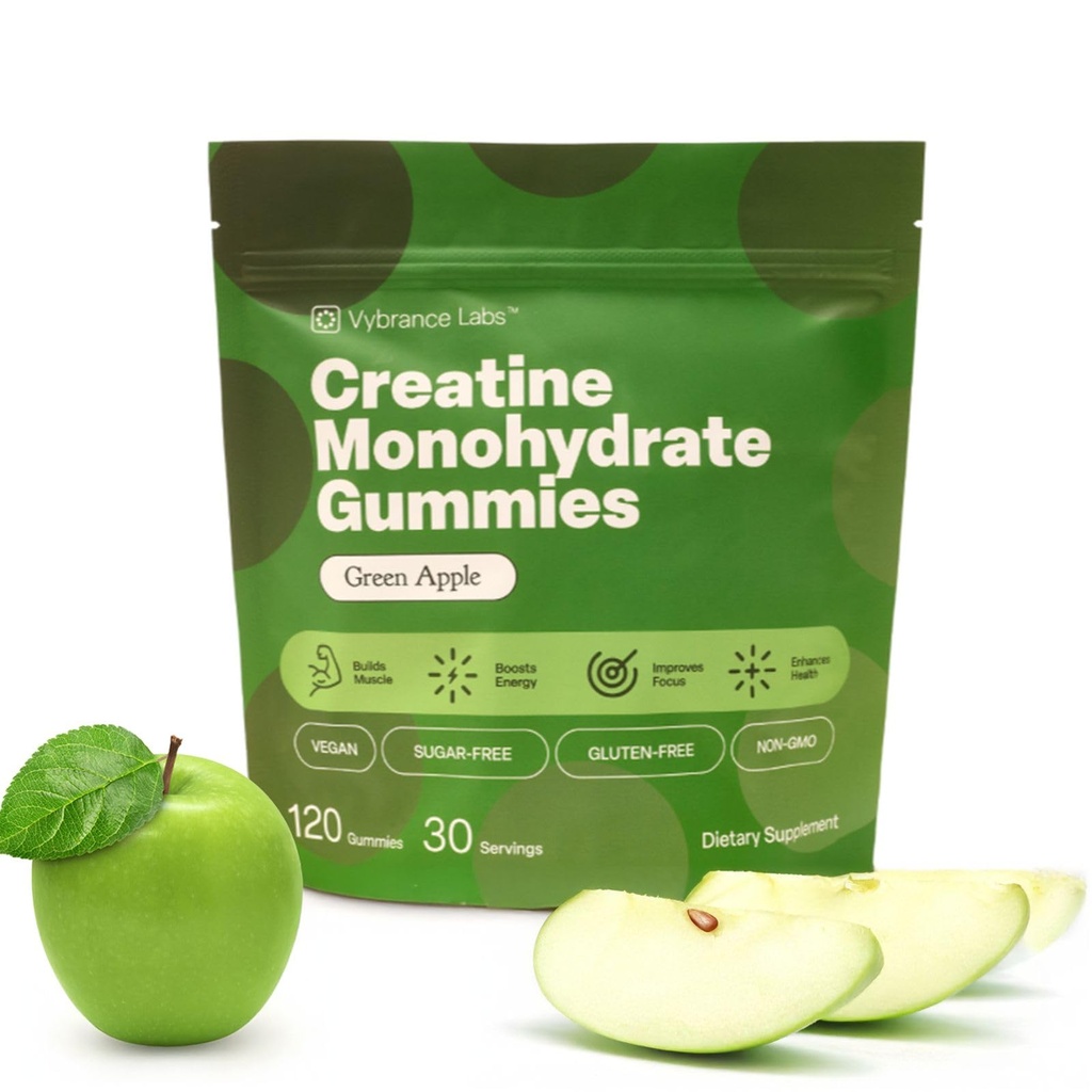 Gommies de créatine 5g Monohydrate + Taurine & B12 - Sans sucre, végétalien, sans gluten - Pommes vertes - 120 Compte (30 portions) pour la force, l'énergie et la concentration