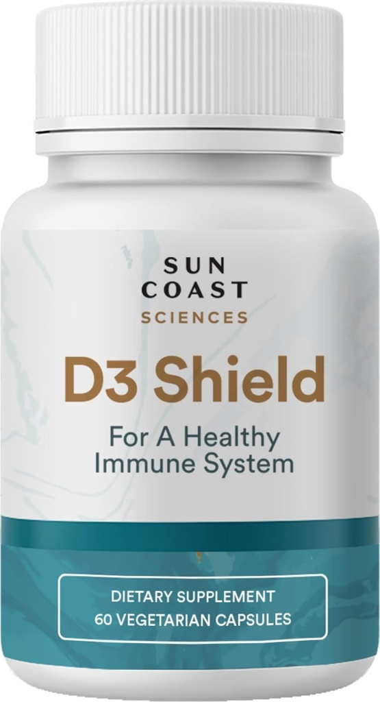 Sun Coast Science Sciences D3 Shield - Vitamin D3 5000 IU für Immununterstützung und Knochengesundheit 60 Vegetarische Kapseln K2 mit 180mg Calciumcarbonat Maximale Absorption
