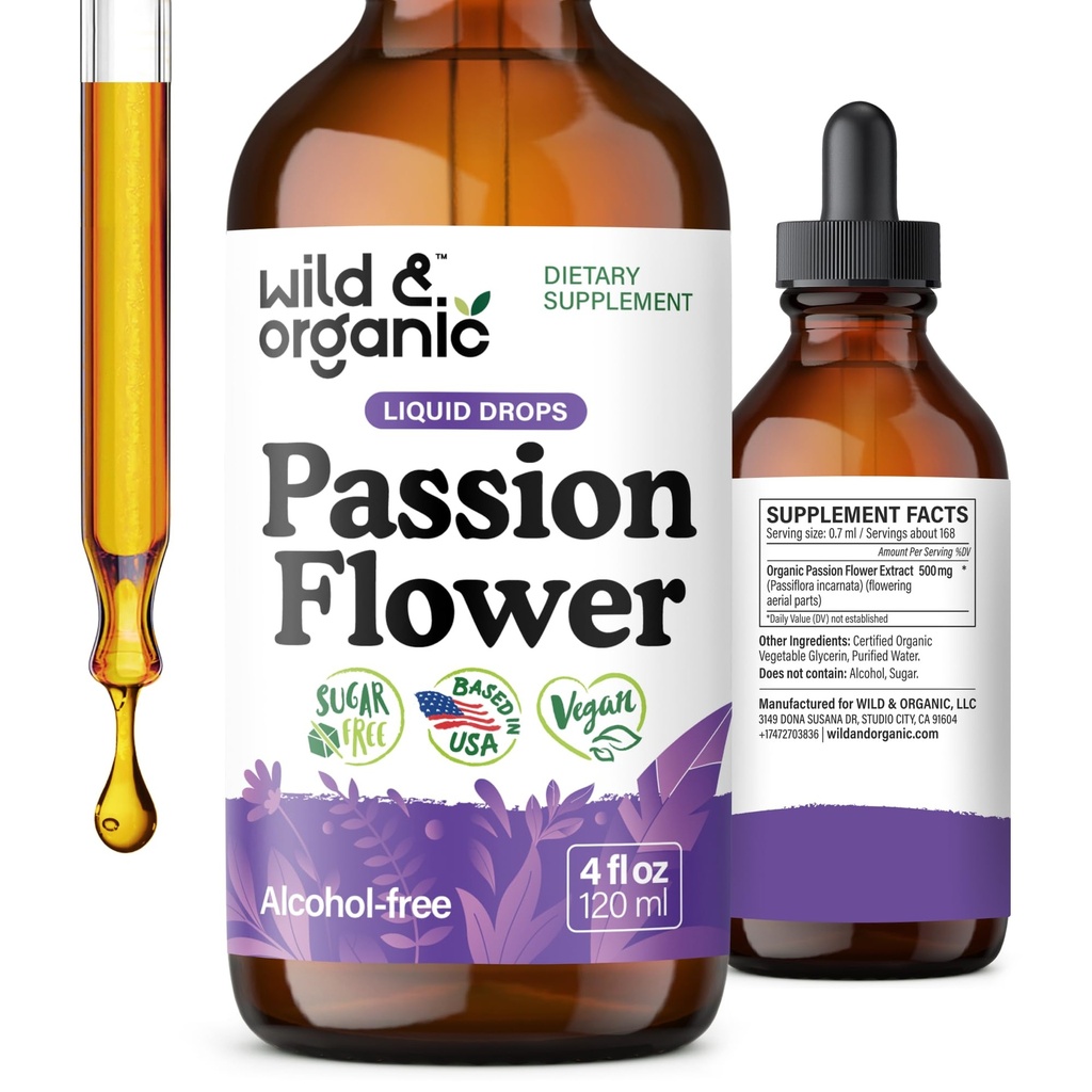 Wild & Organic Passion Flower Tincture - Mood Support - Berechnen Passionflower Supplement - Passiflora Incarnata Liquid Extract - Vegan, Zucker & Alkoholfreie Kräutertropfen - 4 fl oz