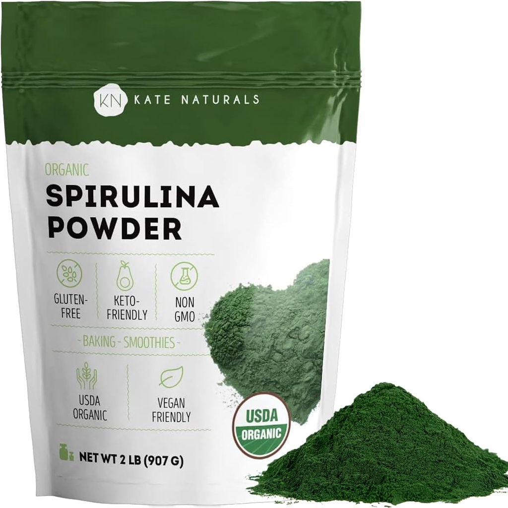 Kate Naturals poudre de spiruline biologique. Superfruit nutritif pour smoothies et jus (2 lb, USDA certifié, non-OGM, sans gluten)