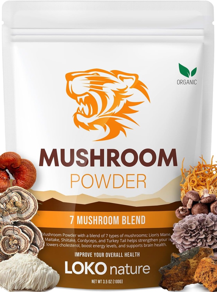 Tiger 7 Pilz-Pulver-Extrakt - 3.5oz (100g) Mischung | Natürliche Inhaltsstoffe - Lions Mane, Turkey Tail, Maitake, Shiitake, Reishi, Chaga & Cordyceps | Glutenfrei, Vegan, Dairy-Free