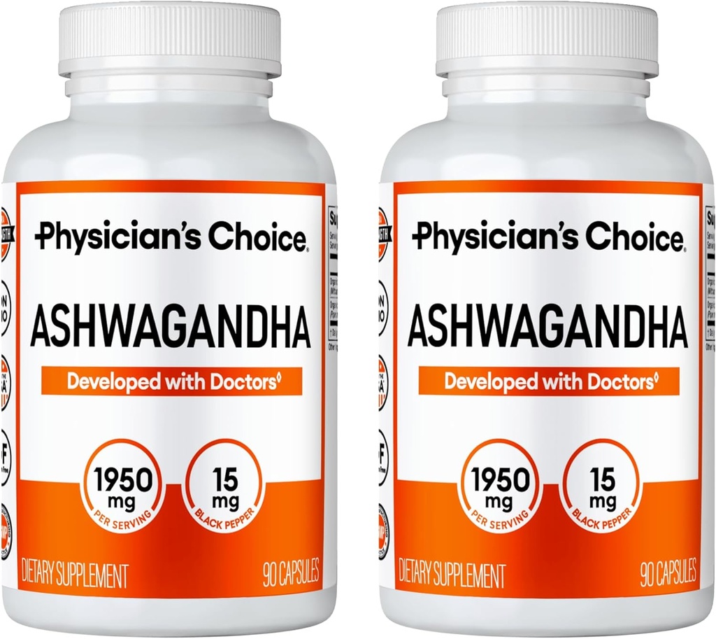Physician's CHOICE Ashwagandha 1950mg Organic Ashwagandha Root Powder mit schwarzem Pfefferextrakt, Stress Support, Mood Support Supplement, 90 Veggie Ashwagandha Kapseln - 2 PCK