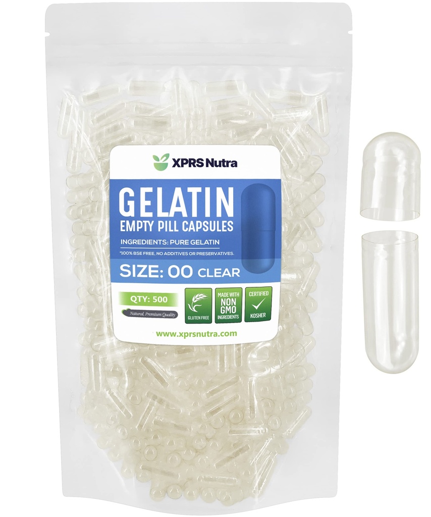 XPRS Nutra Taille 00 Capsules vides - 500 Capsules de gélatine vides de compte - Remplissage de la gélule de bricolage - Capsules de gel de pilules rechargeables pour compléments Do-It-Youlf (Clear)