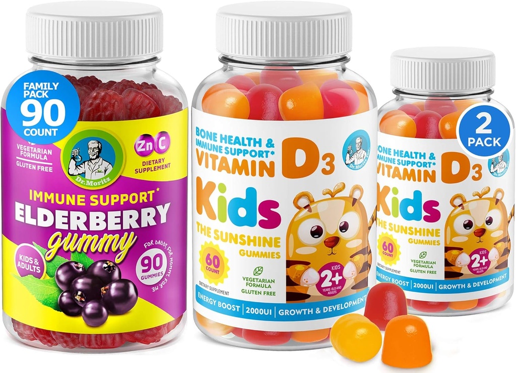 Vitamin D Gummi und Elderberry Gummies - Immunität Mega Boost für Kinder und Erwachsene - Vegetarische Gelatin-freie Immununterstützung Vitamine für Kinder
