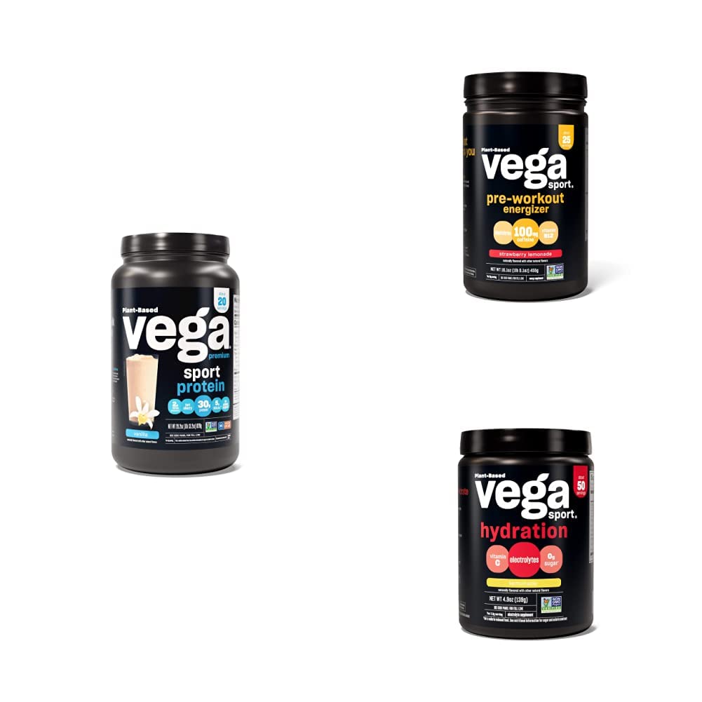 Vega Sport Routine Bundle - Premium Vanilla Protein Powder (20 Servierungen) Erdbeer-Lemonade Preworkout Energizer (25 Servierungen) und Lemonade Elektrolyt Hydration (50 Servierungen)