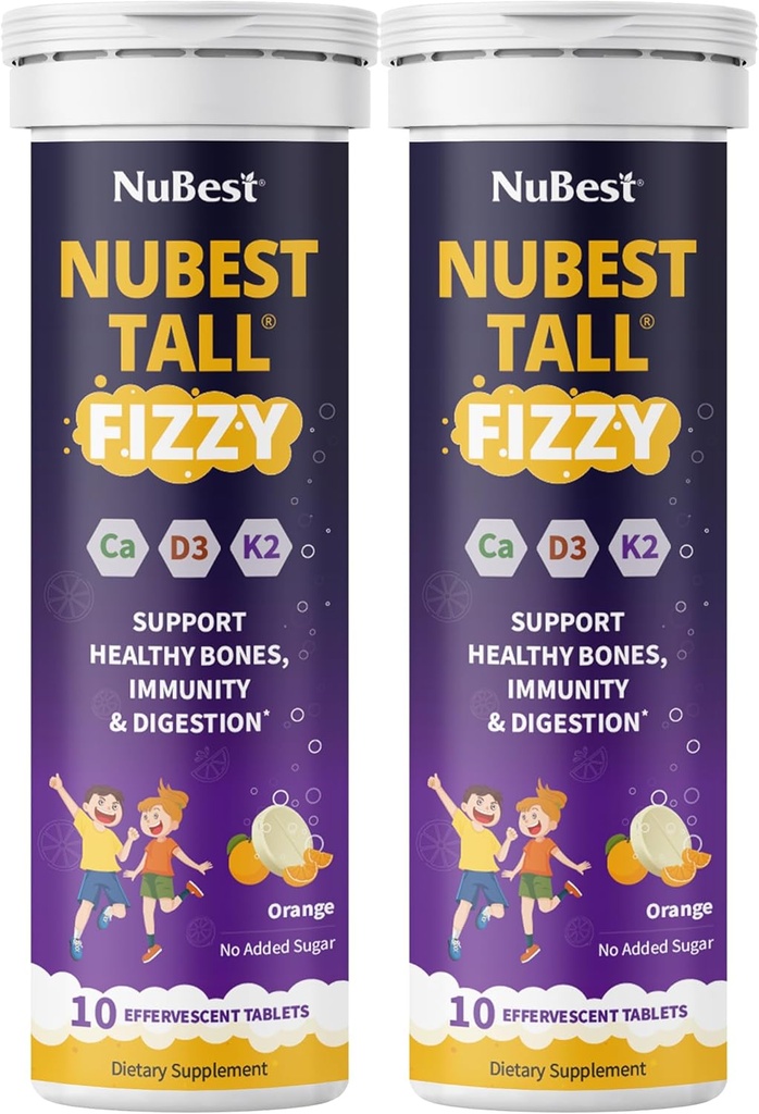 NuBest Tall Fizzy | Knochenstärke, Immunität, Verdauungsgesundheit für Kinder Alter 4+ & Teens | Probiotic, Calcium, Magnesium von Red Marine Algae, Vitamine | 20 Orange Effervescent Tablets | Pack 2