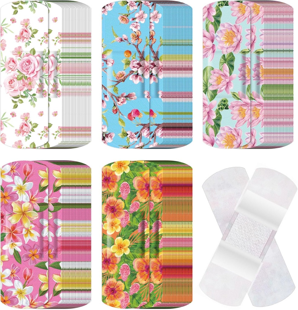 120 Pcs Tissu Adhésif Flexible Bandages Bulk Formes et Patterns assortis Small Colorful Jolie Bandes de tissu avec Non Stick Pad 3 x 1 pouce pour les coupes Wound Scrapes Femmes (Floral)