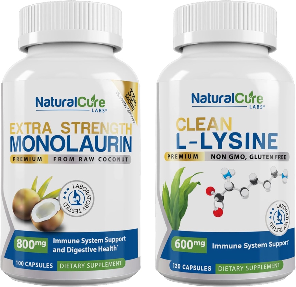 Ensemble de laboratoires de guérison naturels: Monolaurin extra-fort 800mg + L-Lysine propre 600mg