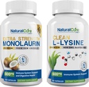 Ensemble de laboratoires de guérison naturels: Monolaurin extra-fort 800mg + L-Lysine propre 600mg