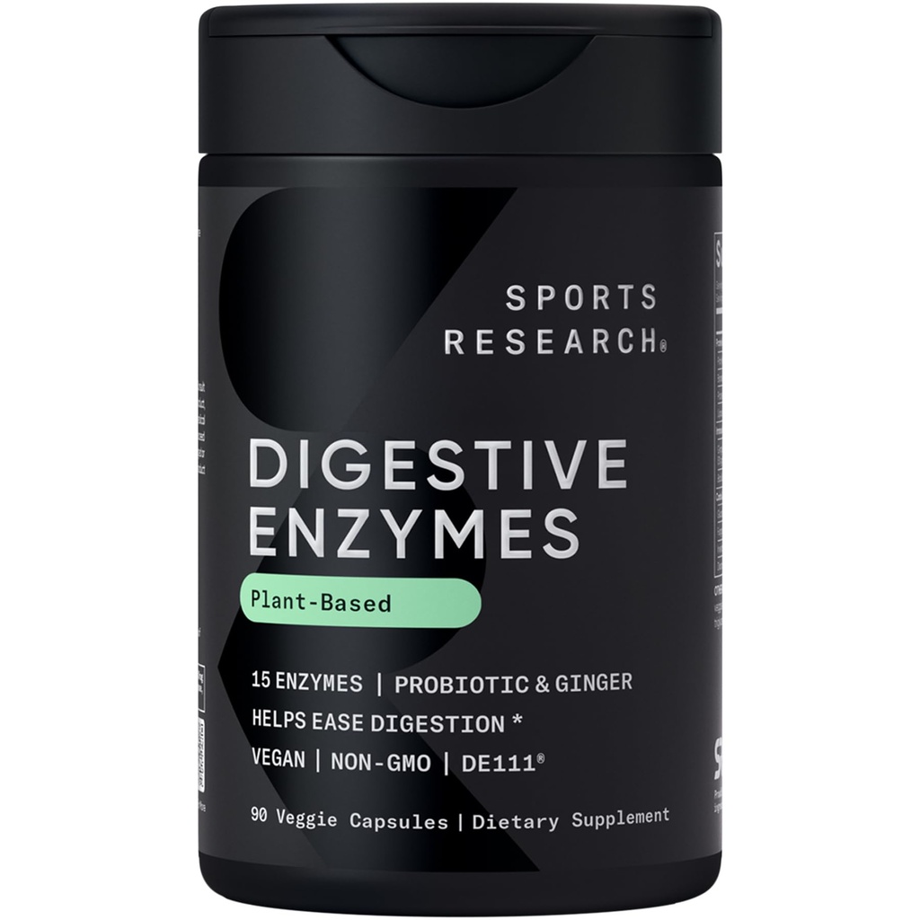 Sportforschung Verdauungsenzyme mit Probiotika & Ginger - Pflanzenbasis für Milch, Protein, Zucker & Carbs - Non-GMO Verified & Vegan Friendly (90 Veggie Kapseln)