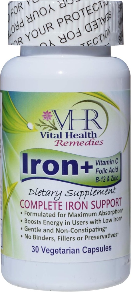 Eisen+ mit Vitamin C, FOLIC Säure, B-12 & ZINC Konservierungsmittelfrei, gentle und nicht-konstipierend Formuliert für maximale Absorption. 30 Veggie Mützen - Vital Health Remedies