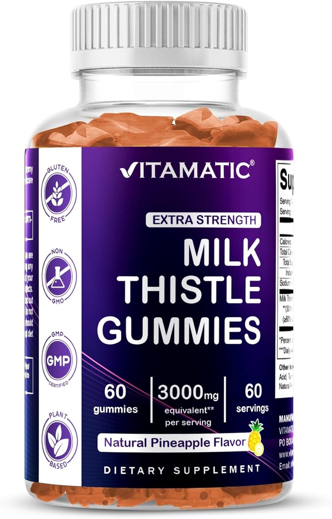 Vitamatic Milk Thistle Gummies- 10000 mg Äquivalent Per Serving (von 50:1 Extrakt 200 mg)- Leber Detox & Antioxidans Gesundheit - Min. 80% Silymarin Flavonoids - 60 Pectin Based Gummies