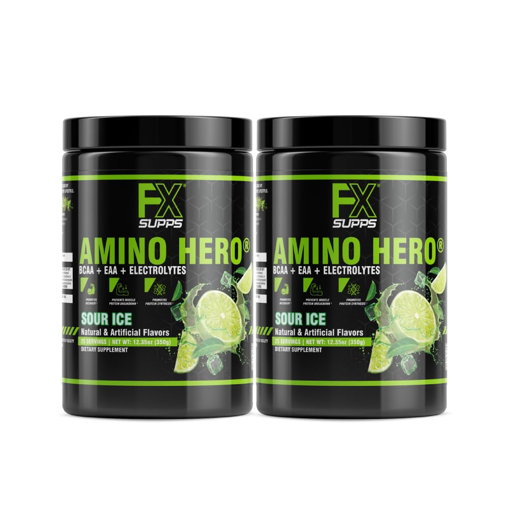 FXSUPPS Amino Hero Sour Ice Flavor (50 Servierungen) | Post-Workout Erholungsgetränk für Männer und Frauen | Energy Powder Mix mit BCAA, EAA und Elektrolyten | Fördert Ausdauer und gesunde Muskeln - 2 Pack