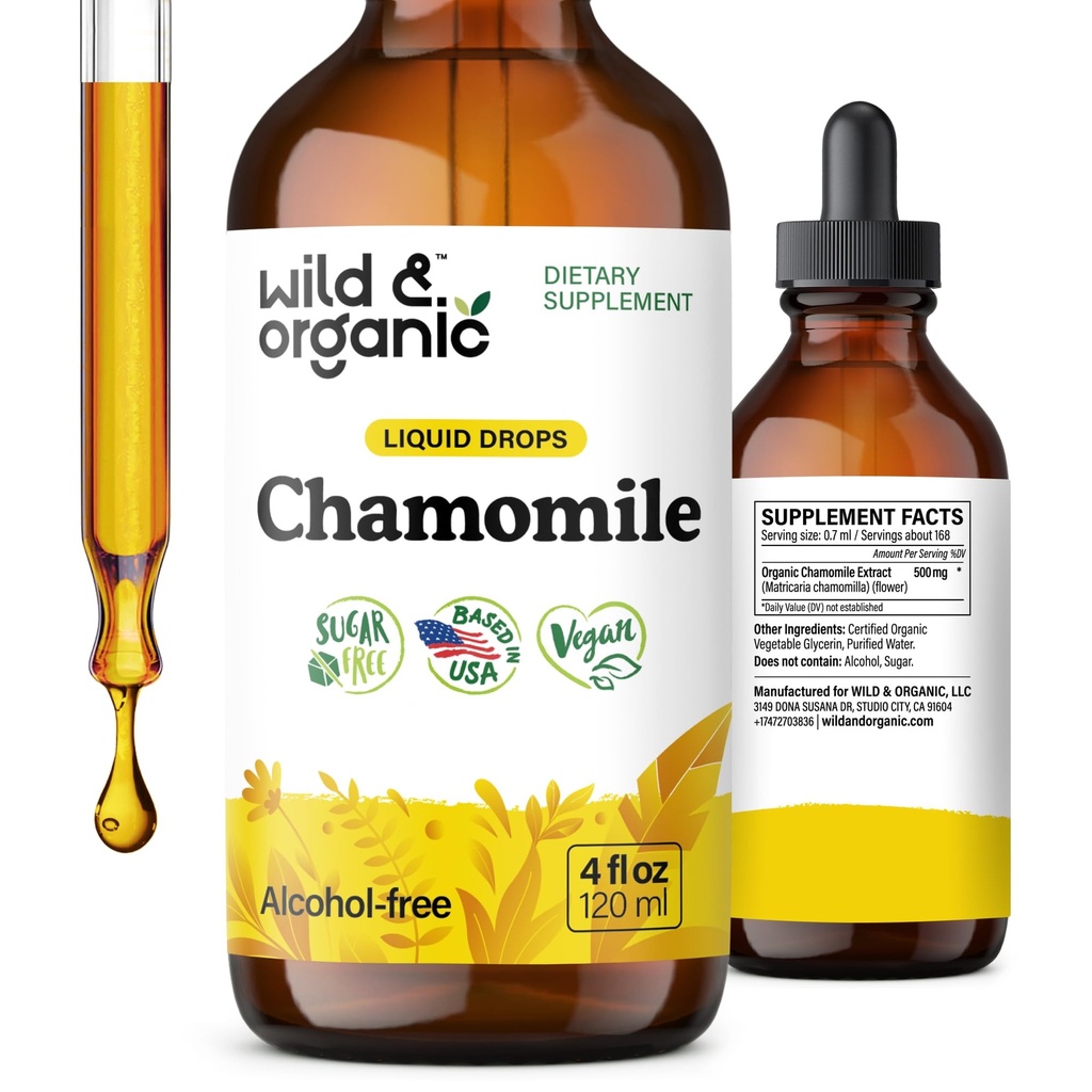 Wild & Organic Chamomile Flowers Tinktur - Berechnungsergänzung für Entspannung - Kamille Extrakt Flüssigkeitstropfen - Vegan, Zucker & Alkoholfrei - 4 fl Unze