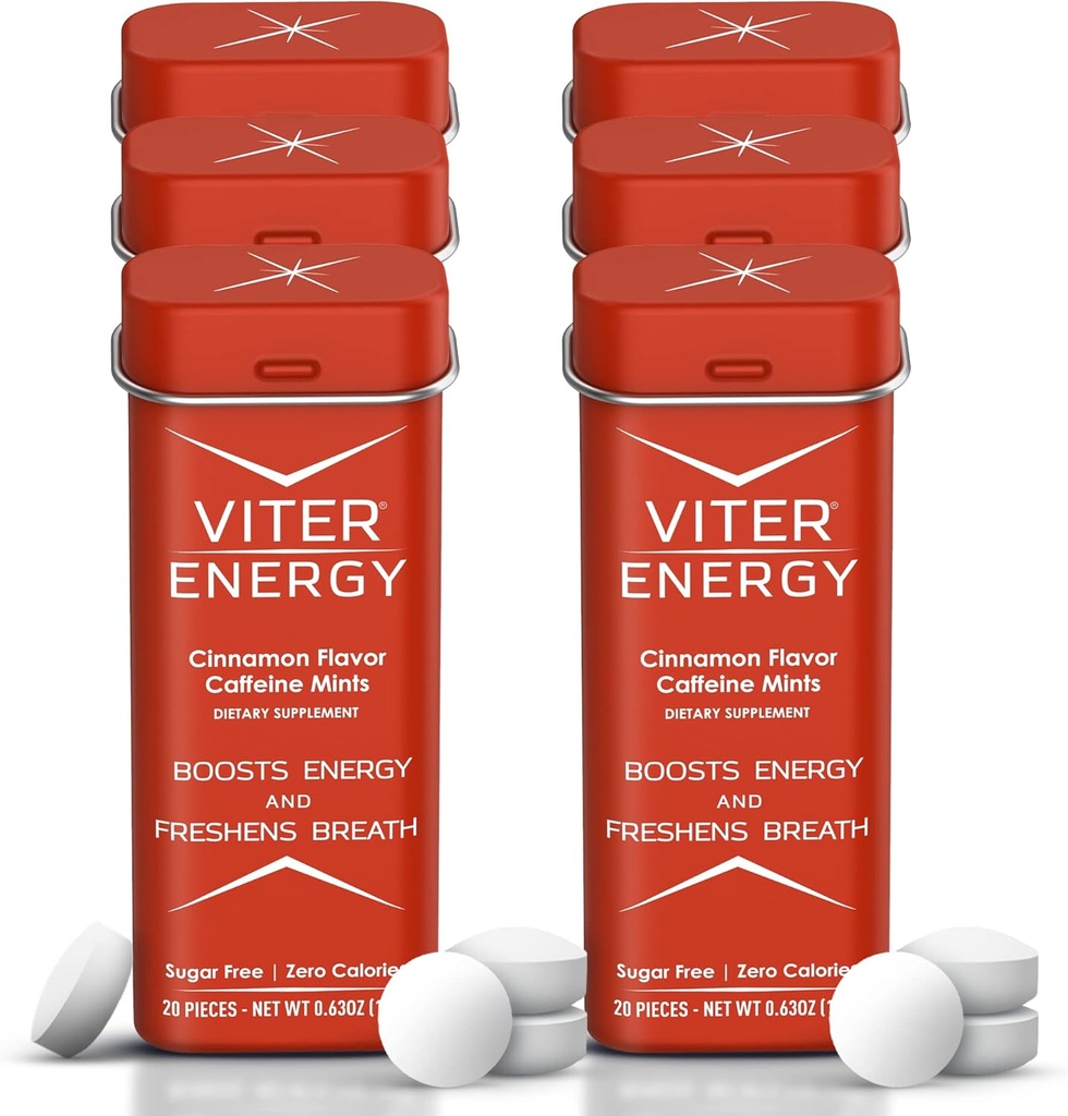 Viter Energy Caffeine Mints (120 Stück) - 40mg Koffein, Sugar Free, Vegan, B Vitamins Complex, Energy Supplement Koffein Pillen (Cinnamon, 6 Pack)