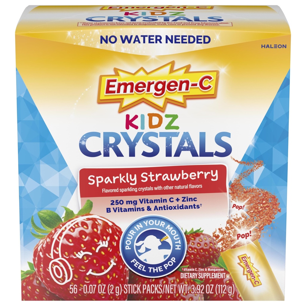 Emergen-C Kidz Crystals, On-the-Go Emergen-C Immununterstützungsergänzung mit Vitamin C, B Vitamine, Zink und Mangan, Sparkly Erdbeere, Stocking Stuffer - 56 Stick Packs