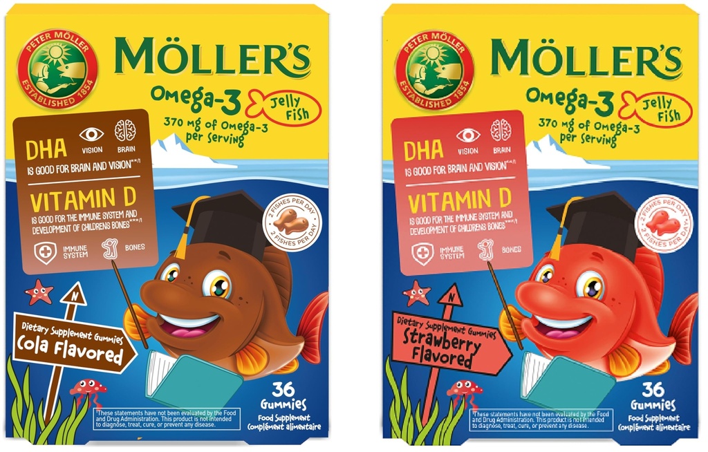MÖLLER'S | Omega 3 Kapseln für Kinder | Natürliche Omega 3 Fische mit DHA und EPA | Einfach zu kauen, keine Gluten, Lactose und Zucker | Paket von 72 | Cola & Erdbeeren Geschmack